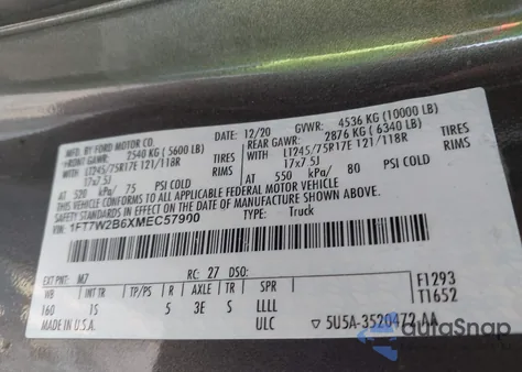 2021 Ford F-250 Xl z USA, uszkodzony, nr VIN 1FT7W2B6XMEC57900